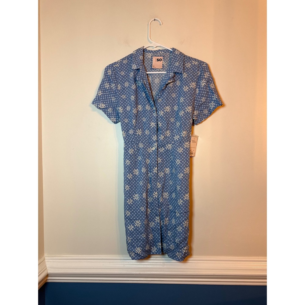 SO Shirt Dress Womens Medium NWT Blue Daisy Floral Checkered Short Sleeve Mini